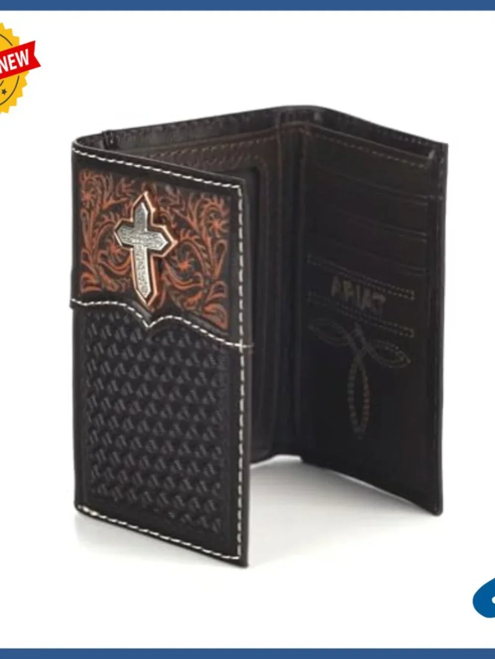 Men's Genuine Leather Trifold Wallet with Western Cross Design